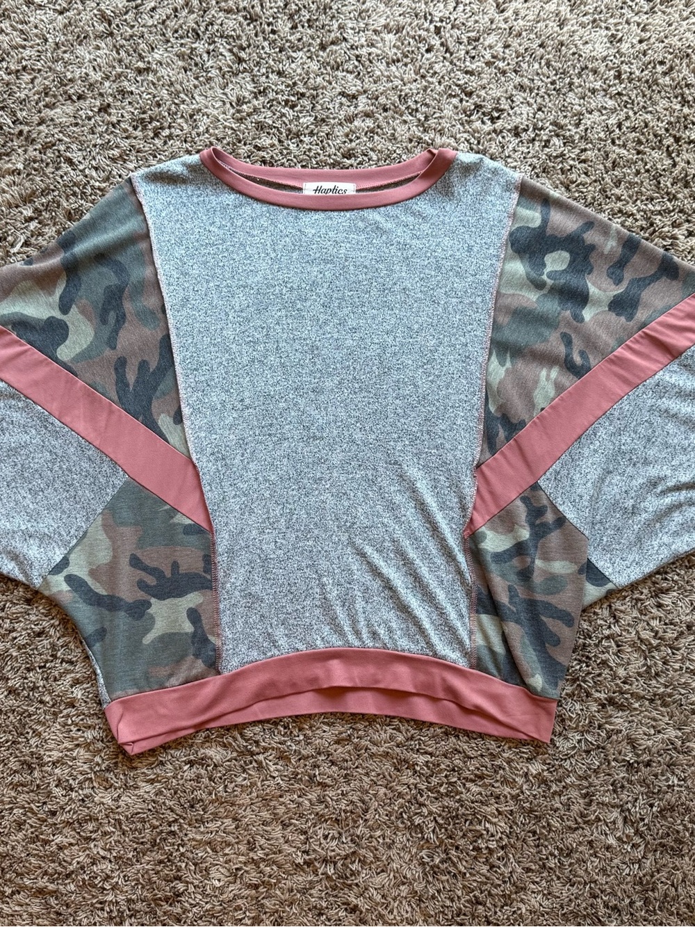 Haptics Women's Heather Gray & Camo Pullover Blouse with Rose Trim